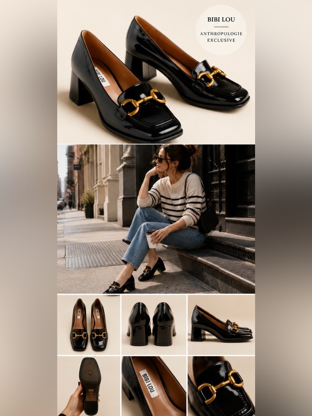Bibi Lou Anthropologie Black Patent Leather Block Heel Loafers Gold Hardware 8.5
